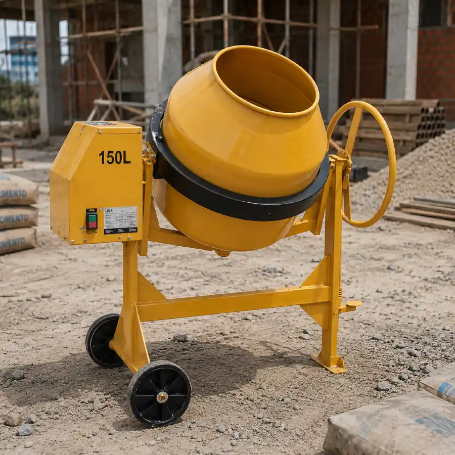 Betoneira 150 litros amarela em canteiro de obras em Osasco